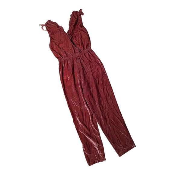 Trovata Birds of Paradis Great Pink Crushed Velvet Ruffle Trim Jumpsuit M - Picture 2 of 6